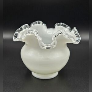 Vintage Fenton Silver Crest White Milk Glass Clear Rim Ribbon Vase 4" H